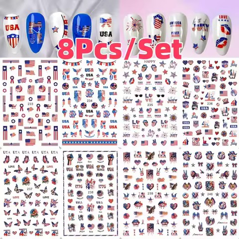 8Pcs/Set 3D USA Independence Day Nail Stickers America Flags Design Self-Adhesive Nail Art Decals DI