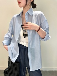 Áo Sơ Mi Lụa Acetate Rộng Rãi Thoải Mái Cho Nữ Mùa Hè 2025 Áo Chống Nắng Vải Lanh Tencel Acetate Out