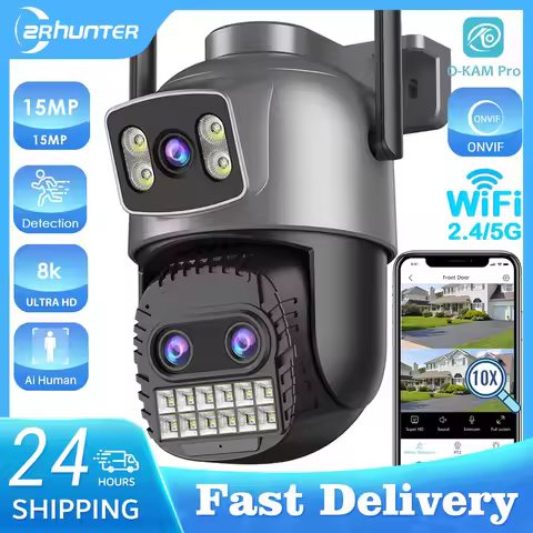15MP Outdoors WiFi Camera 8K HD three lens Security 5G PTZ IP camera 10x digital zoom lens human AI 