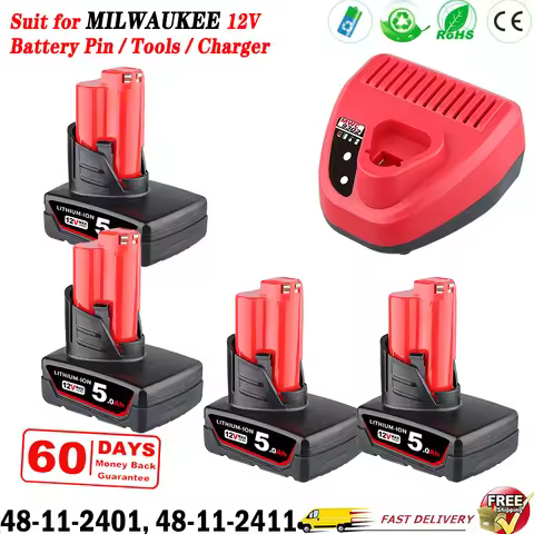1/2/4Pcs 5.0Ah M12 Li-on Replace for Milwaukee 12V Battery Pin 48-11-2401 48-11-2412 48-11-2411 Cord