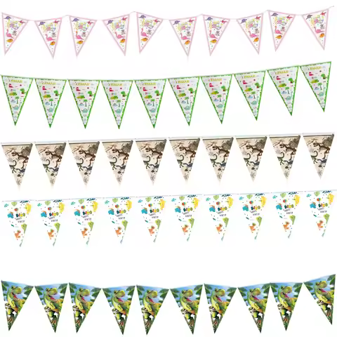 Dinosaur Triangle Pennant Banner Kids Birthday Party Decor Paper Bunting Pink Dino Fossil T-Rex Jung
