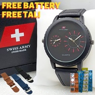 Jam Tangan Swiss Army Pria Original Strap Kulit Dual Time Bonus Tali & Battery Cadangan Free Box dan