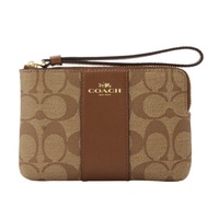 COACH กระเป๋าซิปคล้องมือ CORNER ZIP WRISTLET IN SIGNATURE COATED CANVAS WITH LEATHER STRIPE F58035