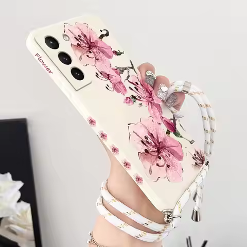 Ink Painting Flowers Crossbody Lanyard Silicone Phone Case For Samsung Galaxy S23 S22 S21 S20 S8 Plu