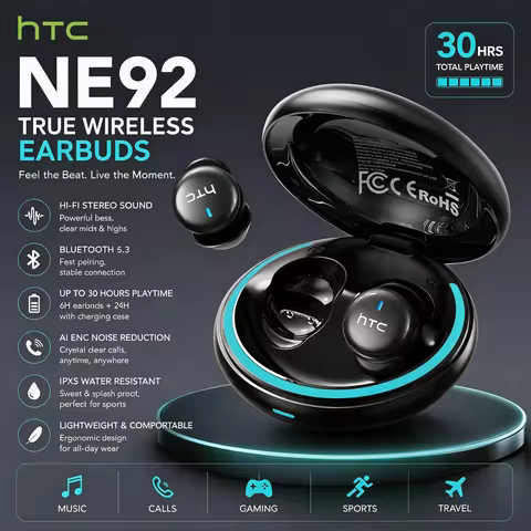 HTC NE92 TWS Wireless Earbuds 10mm Dynamic Drivers Smart Touch Lightweight 4g Earbuds with LED Batte
