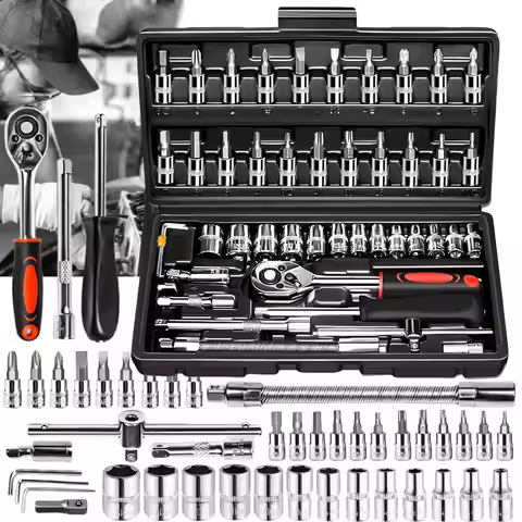 46pcs Complete Socket Wrench Tool Kit for Auto Repairing and Household DIY Projects with Ratchet Scr