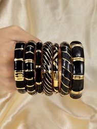1ชิ้น กำไลข้อมือรีโทรมินิมอลสีดำและทองสองสี เรซินขนาดใหญ่ ผสมสังกะสี สำหรับผู้หญิง ไนท์คลับ สำนักงาน