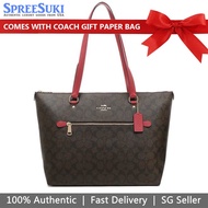 Coach Handbag In Gift Box Signature Gallery Tote Brown / True Red # F79609