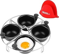 Modern Innovations Stainless Steel 4-Cup Egg Poacher Tray - Complimentary Silicone Mitt - Egg Poache