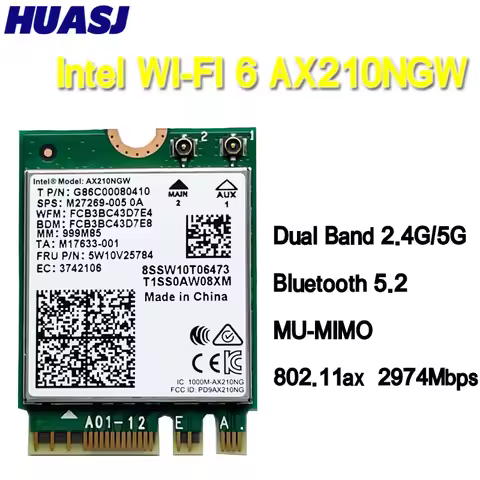 Dual Band WI-FI 6E AX210 M.2 NGFF 2400Mbps Wireless Card For Intel AX210NGW 2.4Ghz/5G 802.11ax BT 5.