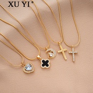 XU YI 18K Gold Fashion Clover Heart Cross Pendant Necklace Chain Crystal Choker Women Accessories Jewelry