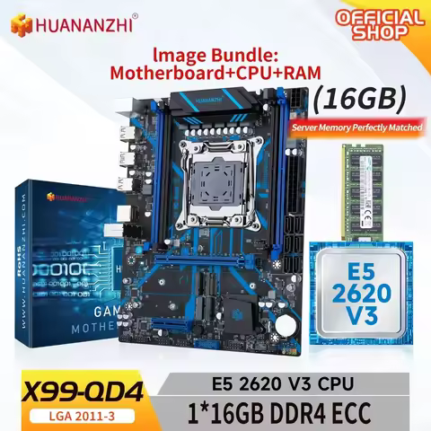 HUANANZHI X99 QD4 LGA 2011-3 X99 Motherboard with Intel E5 2620 v3 with 1*16G DDR4 RECC Memory combo