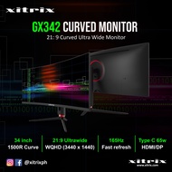Xitrix GX342 34" inch Ultra Wide Curved Gaming and Producitivity Monitor (3‎440 x 1440 resolution, 21:9 Ultra Wide Cinematic,  1500R Curve, Type-C) 3 Years Warranty