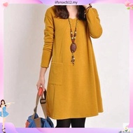 Plus Size Dress Women Long Sleeve Causal Long Dress Solid Color Loose Dress