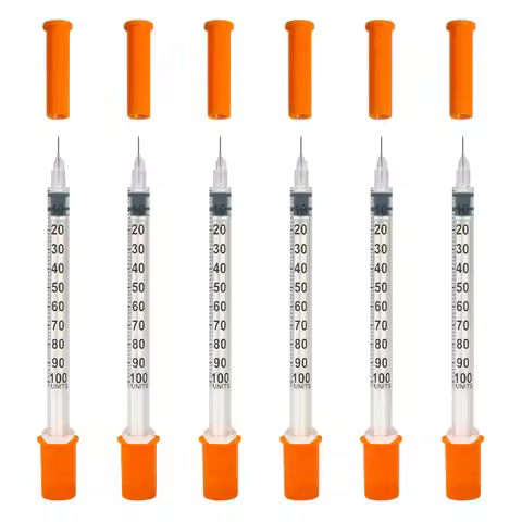 40PCS 1ML Disposable Plastic Veterinary Syringe Sterile Insulin Syringe with Orange Cap Needles for 
