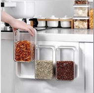 熱賣廚房收納用品【 0.9L x 3個裝 櫥櫃懸掛式密封罐 】長方形透明防潮保鮮盒(連掛架) 大容量 雜糧收納罐
