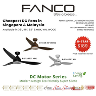 FANCO B-STAR 52/46/36 Inch DC Ceiling Fan with Remote Control and 3-Tone LED Lights | Singapore Warranty | FREE DELIVERY | FREE Midea Mop worth $29.00!!!
