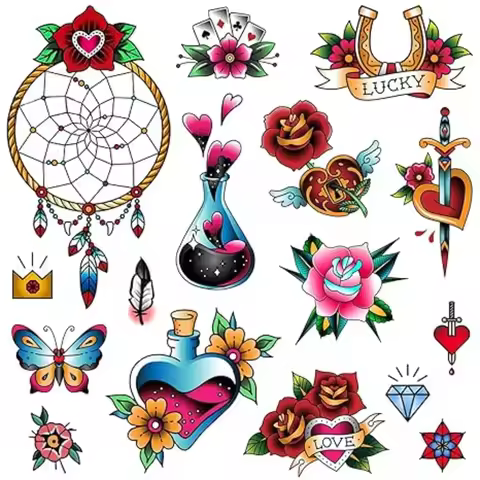 Traditional Old School Vintage Cool Stickers Sailor Jerry Style Dreamcatcher Butterfly Potion Bottle