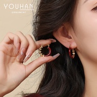 Retro Hong Kong Style Encore Red Enamel Drip Glaze Broken Silver Earrings Stitching Circle Earrings 