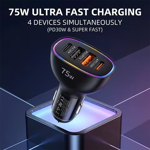 75W Fast Charging Multiport USB C Car Charger 4 Ports Auto Adapter with RGB LED Ring PD 30W Multiple