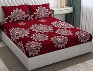 KAWI Cotton Feel 200TC Double Bedsheet Queen Size 78x60 Inches with Elastic Fitting with 2 Pillow Co