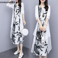 JS Women's Clothing Medium - long print dress art cotton linen two - piece match Plus Size Dress Lab
