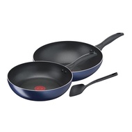 Tefal 3 Piece Cookware Set 28cm Deep Frypan 26 Cm Flat Bottom Wok With Turner Clear Cook Blue Dres B266S395