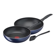Tefal 3 Piece Cookware Set 28cm Deep Frypan 26 Cm Flat Bottom Wok With Turner Clear Cook Blue Dres B