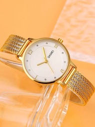 SKMEI 1入女士兩色不鏽鋼表帶華麗防水鑲鑽圓錶盤石英手表，適用於日常生活度假