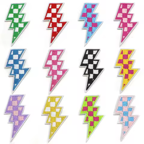 3PC Checkered Lightning Bolt Iron On Patches for Hats Multicolour Racing Day Embroidery Patches for 