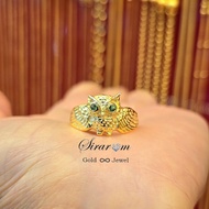 925 Sterling Silver Ring Gold Plated Owl Design Decorated With Green Eye Gems Cute And Unique With T