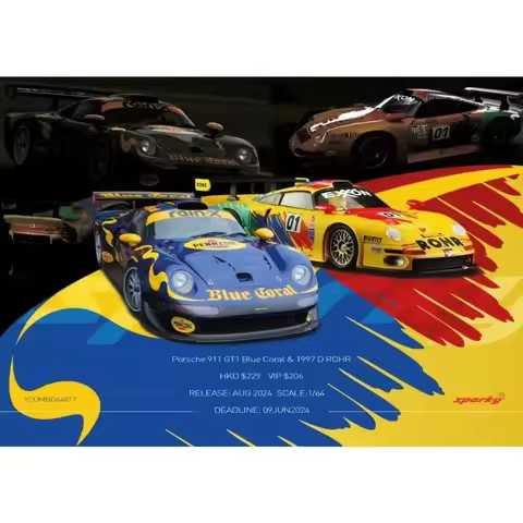 Sparky 1:64 Porsche 911 GT1 Blue Coral & 1997 D ROHR Alloy Car Model Collection