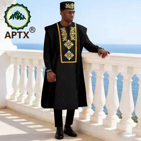 African Traditional Men's 3-Piece Outfit with Embroidery Agbada Robe Long Sleeve Shirt Trousers And 