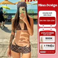 Mina Design Brown Checkered 3-Piece Bikini Set Triangle Top, Bikini Pants with Outerwear for Beach P