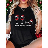 Women'S "Drink Drank Drunk" Christmas T-Shirt - Festive Red Wine Glasses Print, Casual Crew Neck Sho
