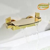 【優選】銅體白色缸邊式浴缸龍頭冷熱掛牆式混水閥金色淋浴花灑瀑布水龍頭