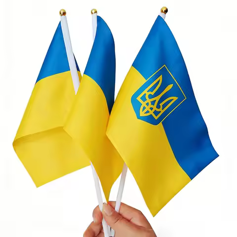 10pcs Ukraine Stick Flag Ukraine flag with national emblem Flag 14*21CM HandHeld Mini Flag With Fade