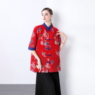 Womens Chinese Style Printed Pleated Jacket for Spring and Summer Fashionable New Style with A Loose