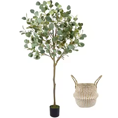 Artificial Eucalyptus Tree,4ftTall Fake Eucalyptus Plant with Basket, Green Silver Dollars Silk Leav