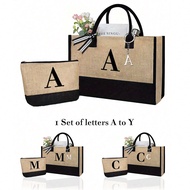 3 Chiếc/Bộ Một Bộ Bao Gồm Túi Tote Màu Kaki Đen, Túi Nhỏ Màu Kaki Đen, Móc Khóa Chữ Cái. Túi Tote Bằ