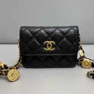 Chanel香奈兒 黑金牛皮荔枝紋迷你金幣wow芯片