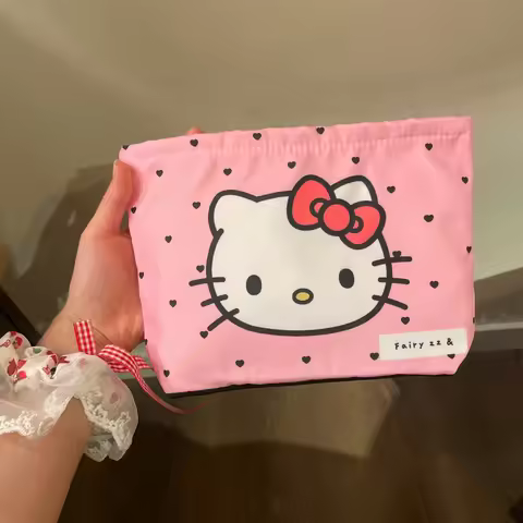 HK Kitty Pink Makeup Bag Cute Anime Cartoon Canvas Travel Storage Bag Large Coin Purse Portable Best