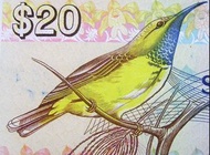新加坡二代鈔票-1979年新加坡(Singapore)虎獅國徽黃腹花蜜鳥,市中心商業區,樟宜機場Changi Airport及新加坡航空和諧機20圓鈔票(李光耀總理執政時期)