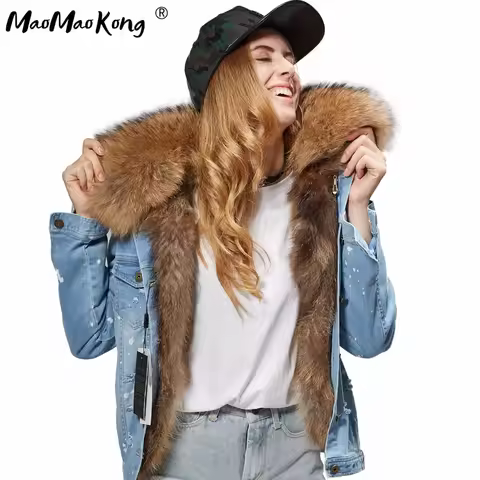 2025 MAO MAO KONG Women's fashion dark blue denim fox fur short jacket coat 100% true raccoon fur co