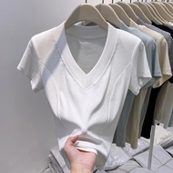 Y6Y-Sexy V-Neck Short-Sleeved T-Shirt For Women In Summer Korean Style Straight Shoulder Slim Fit Sh