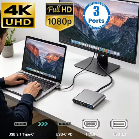 Type C to HDTV-Compatible Adapter 3 Ports USB HUB 4K Video Converter for Gaming Screen PC Laptop Cel