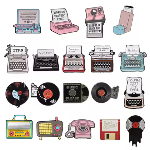 Retro Fax Machine Record Camera Enamel Pin Classic Typewirter Vintage Televisions Brooches Lapel Bad