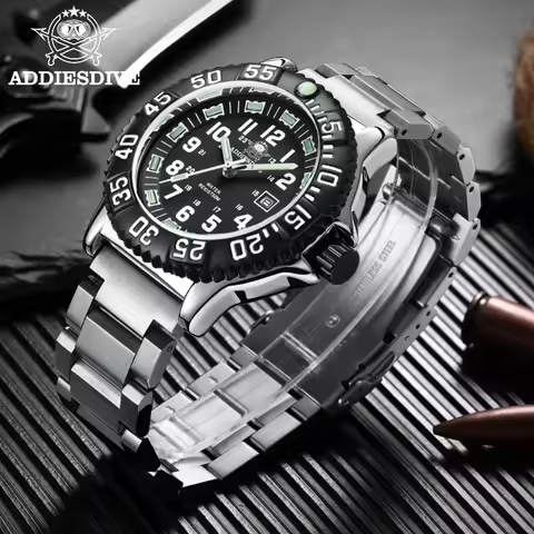 ADDIESDIVE Tube Luminous Men's Sports Watch Waterproof Stainless Steel Black Dial Rotating Bezel Qua