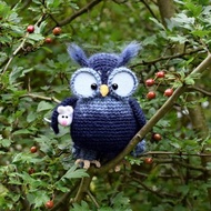 Sharondette the blue owl with a mouse, crocheted amigurumi stuffed toy decor