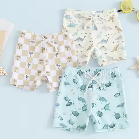 FOCUSNORM 0-4Y Toddler Kids Boys Swim Shorts Summer Dinosaur/Plaid/Turtle Print Elastic Drawstring B